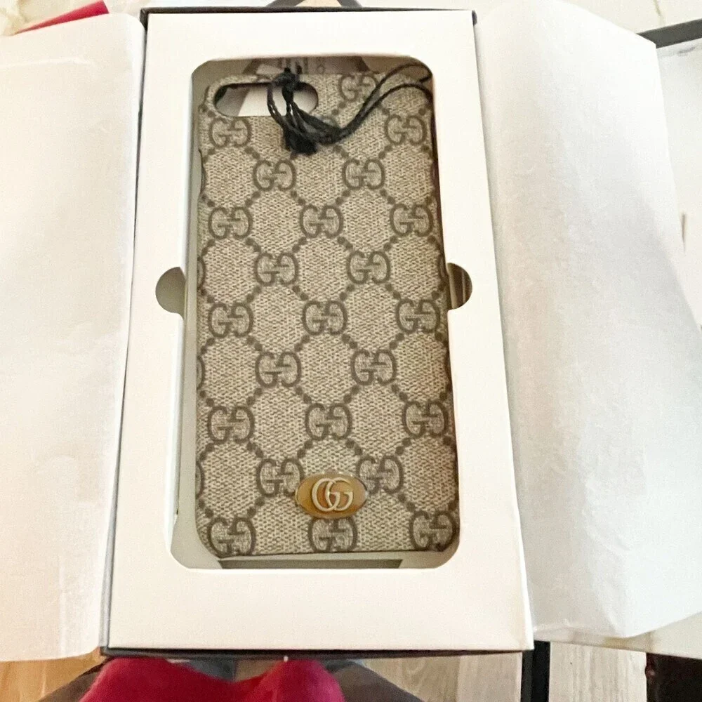 GUCCI Ophidia iPhone 8 Plus Case Beige GG Supreme Canvas Gold-Tone Hardware NWT